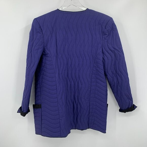 Jeanne Marc quilted navy blue jacket blazer black trim Cotton vintage Medium - Picture 3 of 5